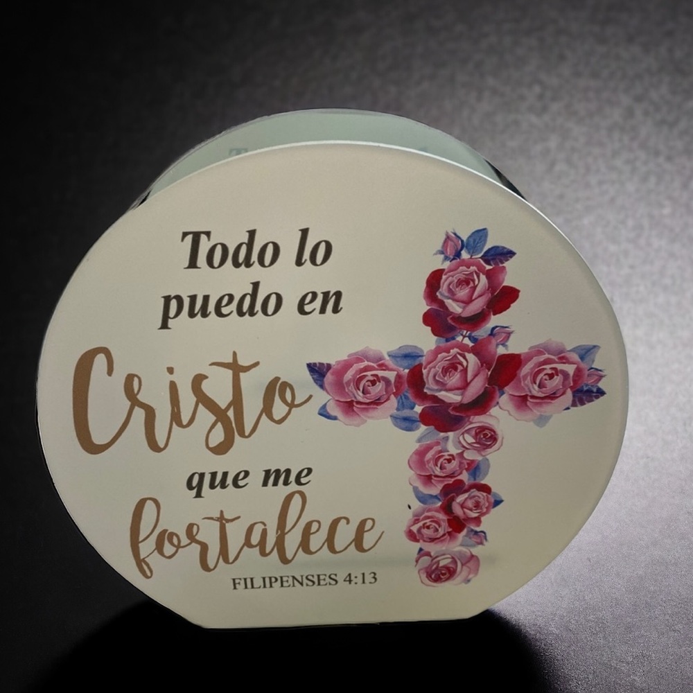 Glass Stair Step Sentiment Candle Holder Todo Lo Puedo En Cristo Que Me Fortalec